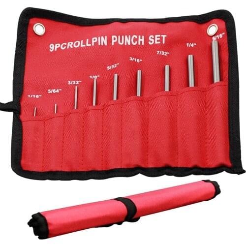 9Pcs Professional Roll Pin Spring Punch Set Gun Bolt Catch Roll Up Case Pin Punch Tool Pins Grip Roll Pin Punch Tool Kit Chisel