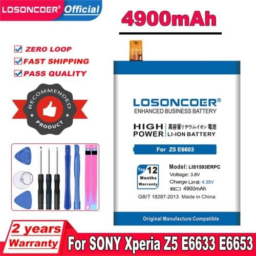 LOSONCOER 4900mAh LIS1593ERPC Battery For Sony Xperia Z5 E6603 E6653 E6633 E6683 E6883 Mobile Phone Battery