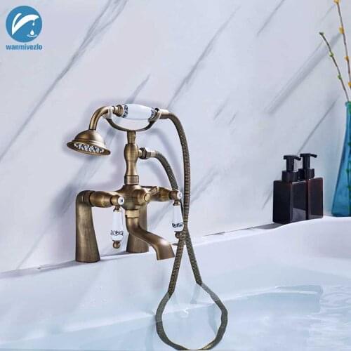 Antique Brass Bathtub Faucet Shower Faucet Dual Crystal Handle Hand shower Mixer Tap Deck Mounted Bath Shower Set Mixer Faucet