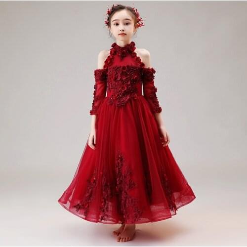 Flower Girl Dresses Ball Gown High Sequined Tulle Embroidery Floor-Length Beading Pearls Luxury Princess Kids Party Dress D165