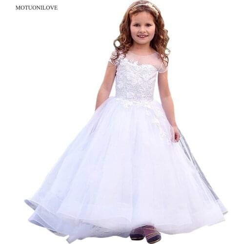 New Ball Gown Flower Girl Dresses For Weddings Girls Princess Birthday Party Gowns Cap Sleeves Lace Appliques Kids Pageant Dress