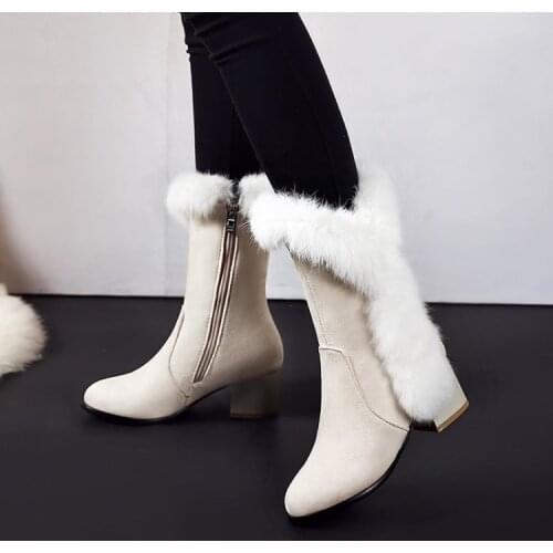 Big Size 11 12 13 14 Round head Ma'am Coarse heel Short boots short tube warm boots Real rabbit fur comfortable Side zipper