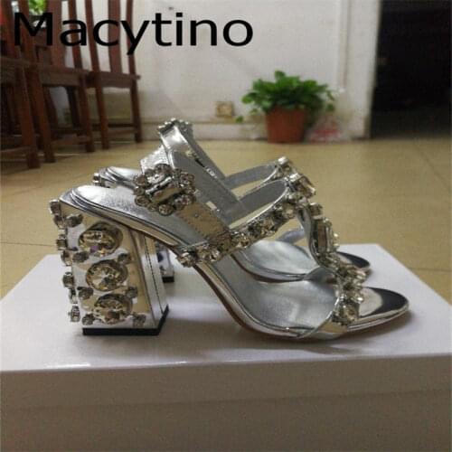 White Crystal High Heel Sandals Women T-strap Open Toe Full Pearled Chunky High Heels Summer Shoes Woman Daily Shoes