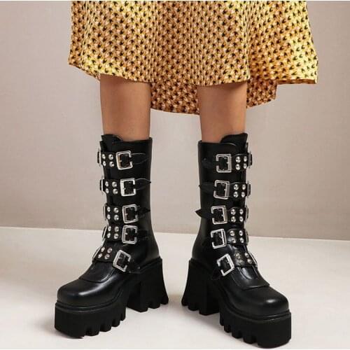 Winter Gothic Punk Womens Platform Boots Black Buckle Strap zipper Creeper Wedges Shoes Mid Calf Military Combat Boots