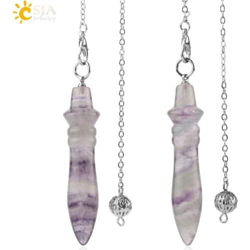 CSJA Natural Stone Fluorite Pendulum Cone Pendant Indian Dowsing Hypnosis Amulet Healing Reiki Energy Jewelry for Women Men G152