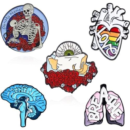 Skeleton heart brain lung eye nose Enamel Brooch Rainbow Rose Skulls flower Lapel Pin Backpack jackets custom Badge