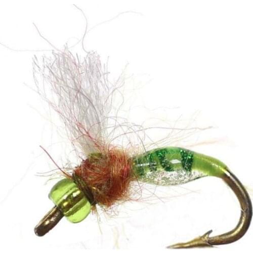 6PCS Artificial Fly Fishing Bait Life-like Single Metal Barbed Hook Fly Lure Fishing Copper Bead Head Lure Nymph Flies Trout