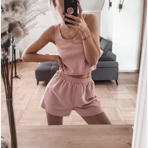 2021 Summer New Fashion Joker Camisole+round Neck Short T-shirt+high Waist Slim Shorts Three-piece Suit