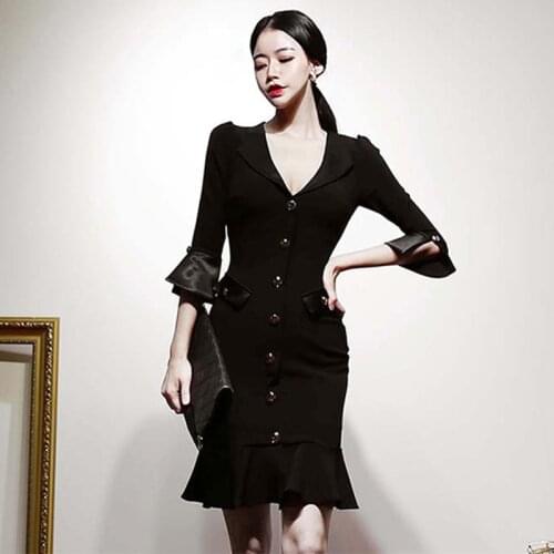 Fashion Summer Vintage Butterfly Sleeve Midi Dress Ladies Elegant Casual V-Neck Button Single Breasted Streetwear Black Dress