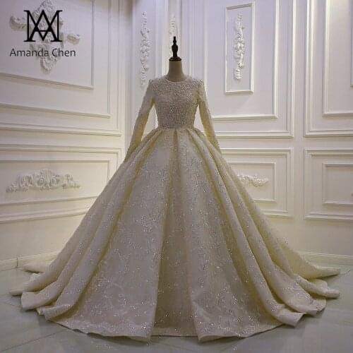 Long Sleeve Lace Beading Full Lining Muslim Wedding Dress