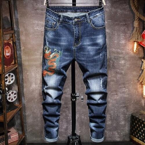 2021 spring new personality embroidery mens jeans Chinese style embroidery pattern dragon Washed retro mens slim jeans