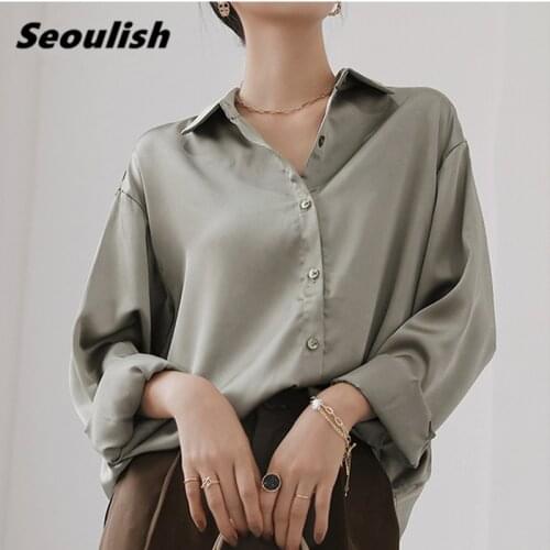 Seoulish New 2021 White Stain Womens Blouse Chic Solid Lapel Single-breasted Elegant Casual Loose Tops Female Spring Autumn