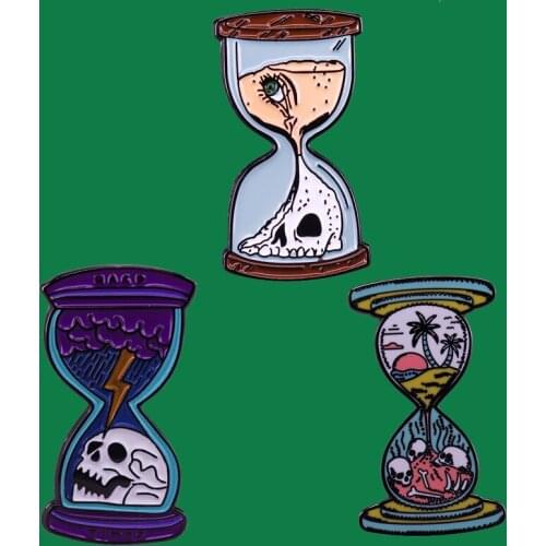 Hourglass Death Pin Sand Timer Halloween Skulls Head Gothic Badge Horror Bones Popular Art Style Time Reminder