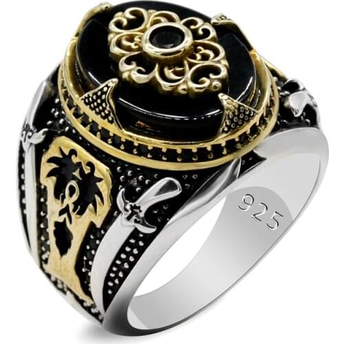 Genuine New Natural Agate 925 Silver Mens Ring Middle East Machete Coconut Tree Retro Turkish Ring Jewelry Two-color Exquisite