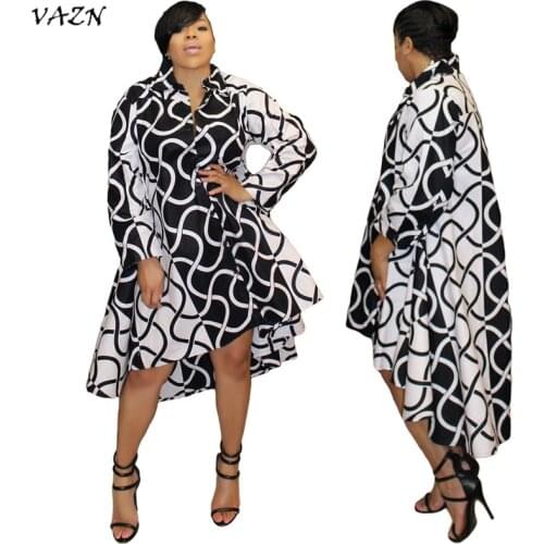VAZN 2018 autumn hot print straight mini dress women v-neck full sleeve irregular dress Classic black and white dress ML7142