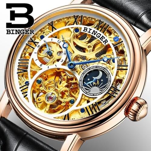 Switzerland BINGER Mens Business Skeleton Automatic Wristwatches Sapphire Crystal Mechanical Hollow Out Dial Relogio Masculino