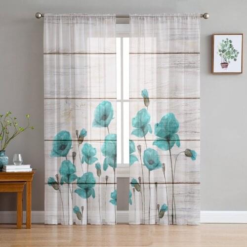 Poppy Flower Wood Board Window Curtains Bedroom Modern Drape Sheer Tulle Valances Living Room Kitchen Voile Curtain