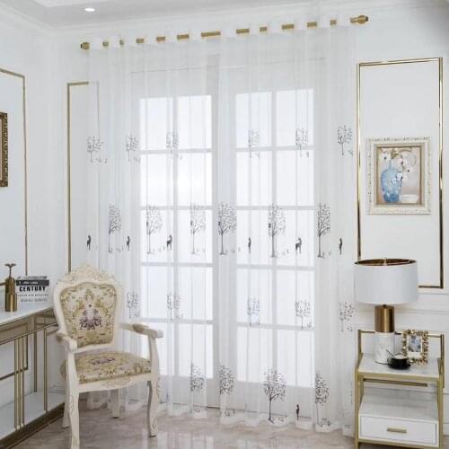 1Pc Tree Deer Embroidered Sheer Tulle Window Curtain Drape Through the Rod Curtain Home Living Room Decoration
