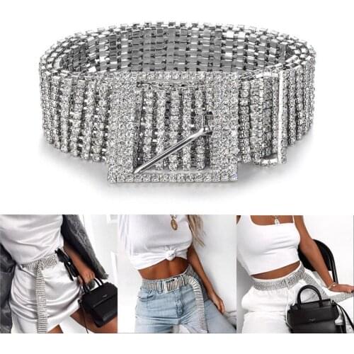 Female Silver Full Rhinestone Diamante Ladies Waist Charm Diamond Alloy Belt Fashion Accessory Casual One Size For Adults