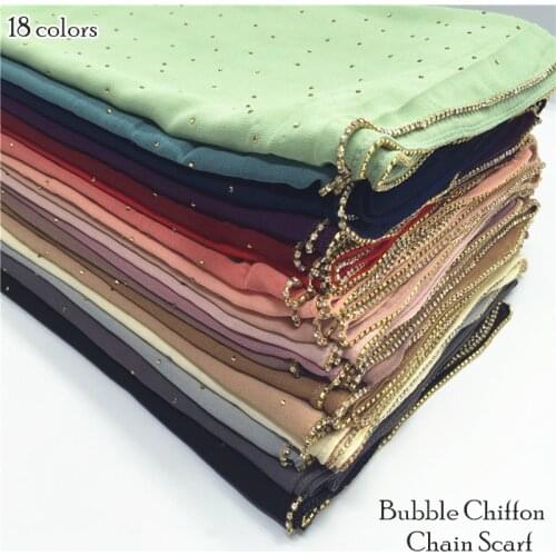19 color women plain bubble chiffon chain scarf rhinestone scarves and shawls shimmer muslim hijab foulard 10pcs/lot