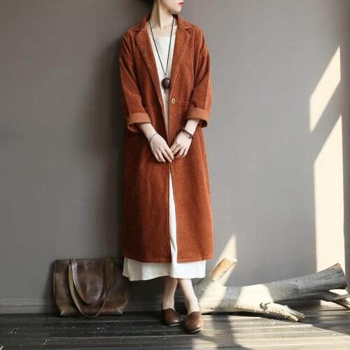 Women Autumn Winter Solid Color Cotton Corduroy Trench Coat Outwear Ladies Retro Corduroy Overcoat Long Coat Female Vintage Coat