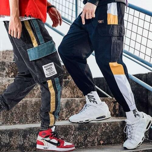 Cargo Pants Men Vintage Hip hop Streetwear Patchwork Joggers Harem Pocket Elastic waist Loose Ankle length Trousers Techwear