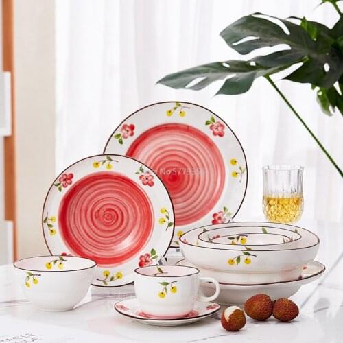 Hand-painted Porcelain Tableware for One Person Dessert Disk Western Steak Plate Creative Cherry Noodle Bowl Household Rice Bowl