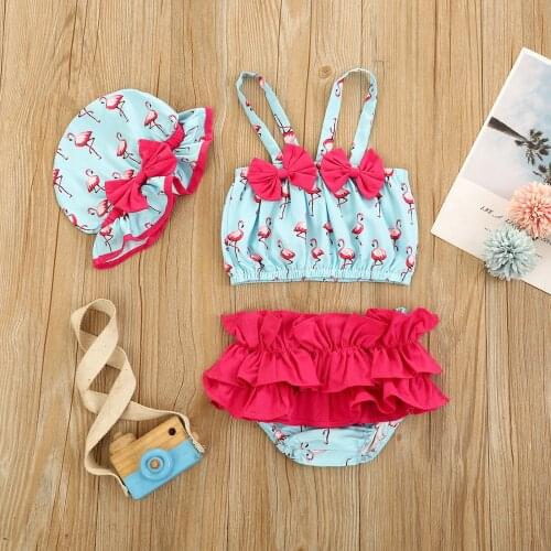 3pcs Swimwear For Newborn Baby Girl Flamingo Printed Sling Swimsuit Camisole Ruffled Beach Wear With Hat Toddler Accessories