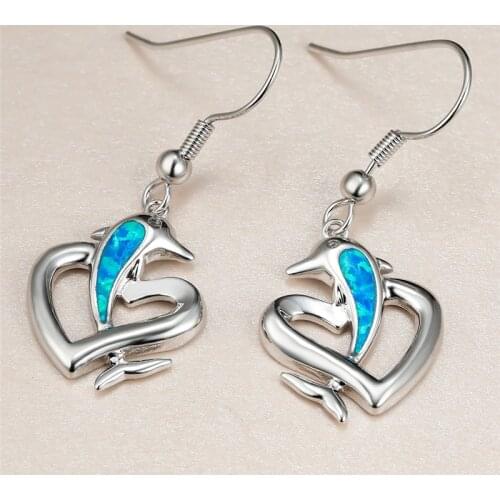 Trendy Female Blue Opal Drop Earrings Classic Silver Color Heart Wedding Earrings Charm Dolphin Long Dangle Earrings For Women