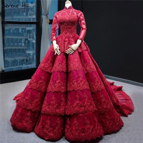 Muslim Wine Red Luxury Lace Wedding Dress Long Sleeve Beading Tiered Bridal Gowns 2021 Real Picture HA2340 Custom Made