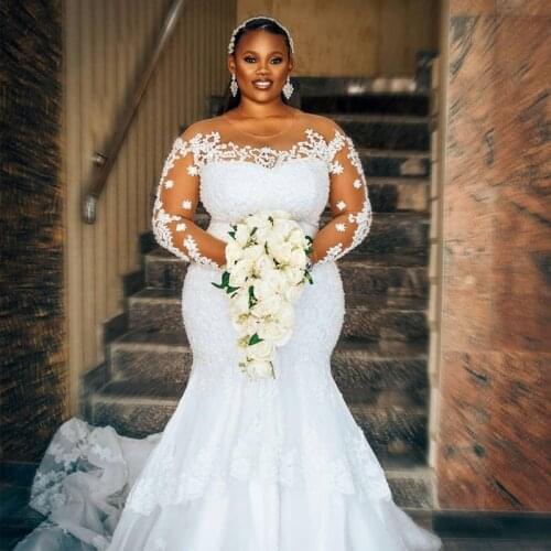2021 New Plus Size Pearls Mermaid Wedding Dresses O Neck Long Sleeve Lace Appliques Bridal Gowns Tulle Country Wedding Dress