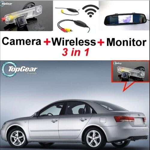 3 in1 Special Rear View Camera + Wireless Receiver + Mirror Monitor Easy DIY Parking System For Hyundai Sonata i45 2005~2014
