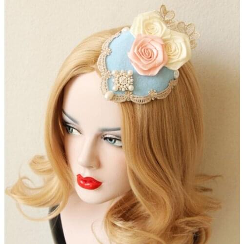 Light Blue Lolita Hats for Girls Headwear Rose Flowers Lace Bridal Wedding Hats with Beaded Hairpins Party Favor T211