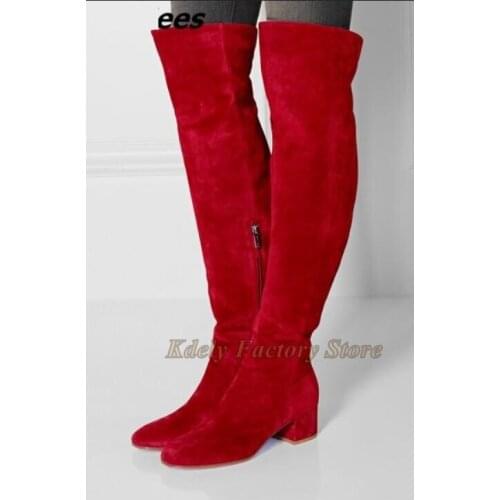 Red Suede Leather Luxury Over The Knee Long Boots Low Heeled Shoes Women Gladiator Fashion Thigh High Boot Plus Size