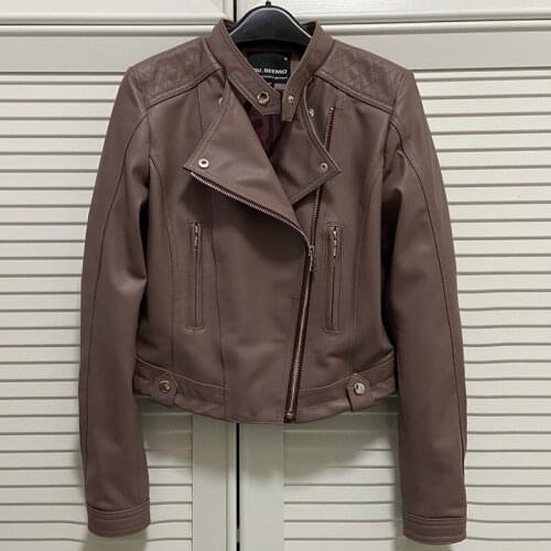 Factory Womens Genuine Leather Jacket 100% Sheepskin Fur Coat Female Outwear Lilac Show Thin Good Quality