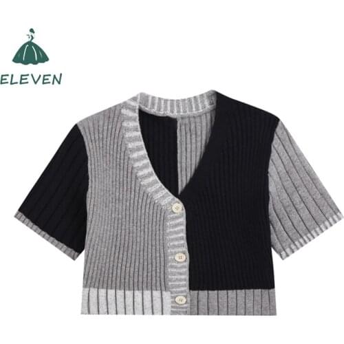 New Spring and Autumn Stitching Outer Short T-shirt Knitted Cardigan Women Summer Thin Short-Sleeved V-neck Color-Blocking Top