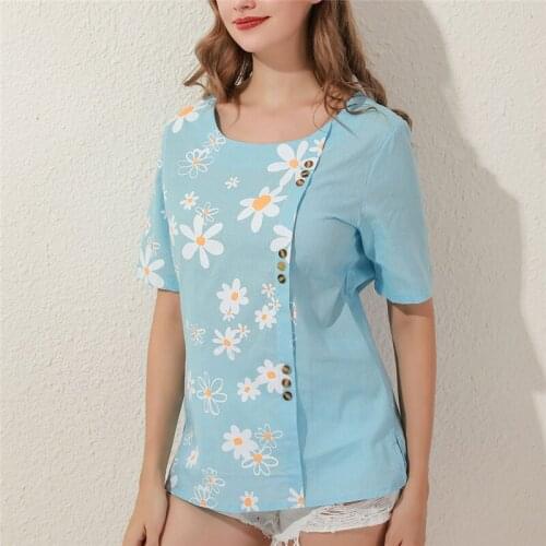 Female Fashion Shirt Ladies Comfortable Casual O-Neck Tops Button Decor Short Sleeve Printed Floral Shirts for Female