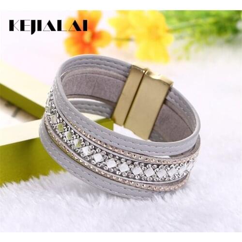 Retro Crystal Bracelet for Women Personality Leather Wide Magnetic Buckle Geometric Wrap Bracelet KJL047