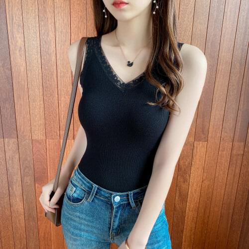 Women 2021 Autumn Winter New Fashion Lace Bottoming Vest Tops Female Sexy V-neck Slim Tops Ladies Thicken Warm Vest Tops D466