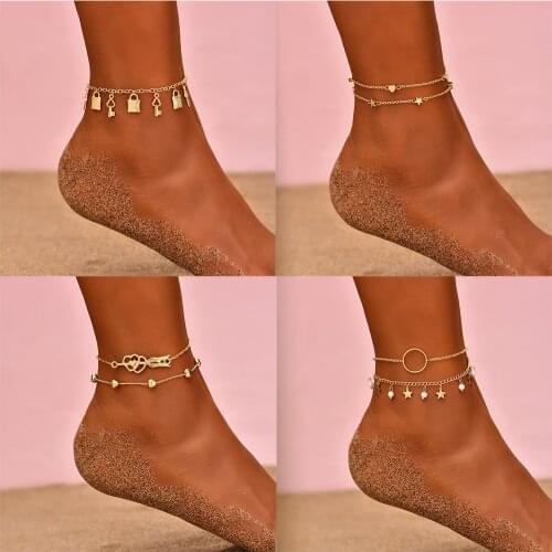 New Trendy Lock Key Pendant Ankle Bracelet for Women Vintage Gold Star Heart Pearl Beaded Anklet Statement Beach Jewelry