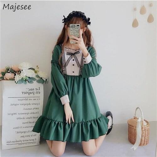 Dress Women Lantern Sleeve Stand Ruffles Patchwork Harajuku Lolita Sweet Style Lovely Ladies Party Evening Stylish Chic Romantic