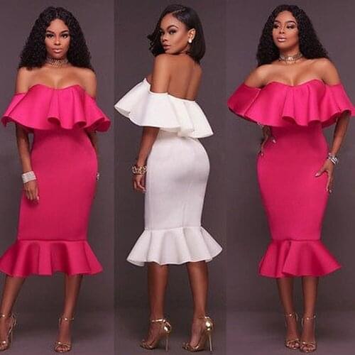Party Pencil Dress Womens Bandage Bodycon Ruffle Sleeve Evening Summer Costume Dresses Solid