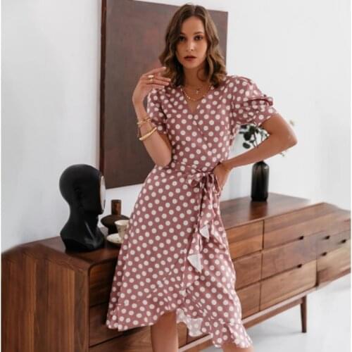 Casual Summer Dress Women Vintage Polka Dot Print Ruffle Sash A-line Midi Robe Holiday Elegant Dresses 2021 Asymmetry Vestidos