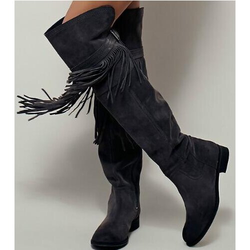 2017 New stylish suede Tassels belt buckle ladies long boots thick heel low heel winter overknee boots gray black brown