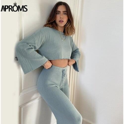 Aproms White Black Knitted Womens 2 Piece Suits Casual Flare Sleeve Cropped Top and Pants Set Female High Waist Homesuits 2021