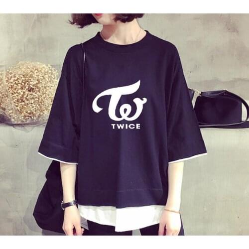 New kpop twice harajuku summer Korean version Solid color fake two K-POP JUNGYEON Womens short-sleeved T-shirt