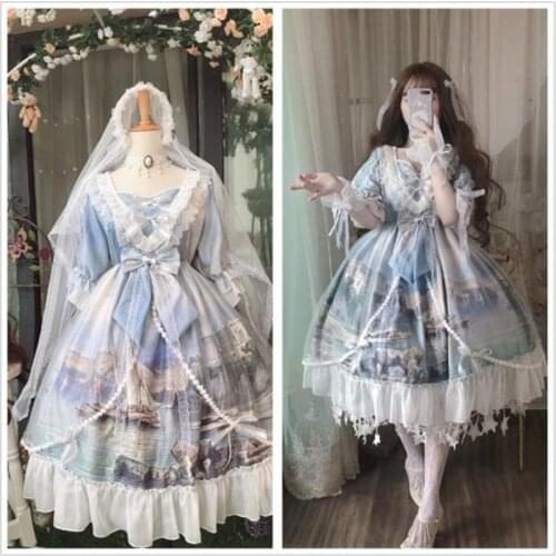 Gothic lolita puff sleeve victorian dress loli cos Palace princess lolita dress vintage lace bowknot cute printing kawaii dress