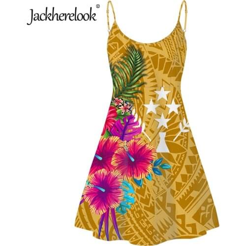 Jackherelook Vintage Sleeveless Beach One Piece Dress for Womens Polynesian Kosrae Map Floral Print Ladies Backless Party Dress