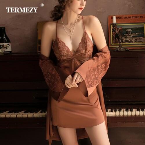 TERMEZY 3 Pieces Women Pajamas Set Faux Silk Pajamas Sleepwear Sexy Embroidery Lace Bath Gown Wedding Night Dress Robe With Belt