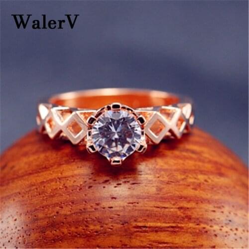 WalerV Rose Gold Ring for Womens Rings Set Fashion Charm Jewelry Luxury White Crystal Zircon Hollow Ring Wedding Jewelry Finger